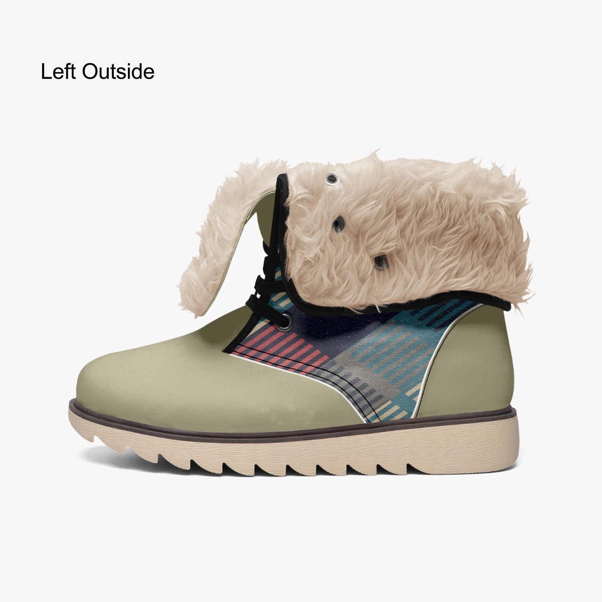 A pair of green and gray boots with a furry trim, featuring a colorful pattern on the side.