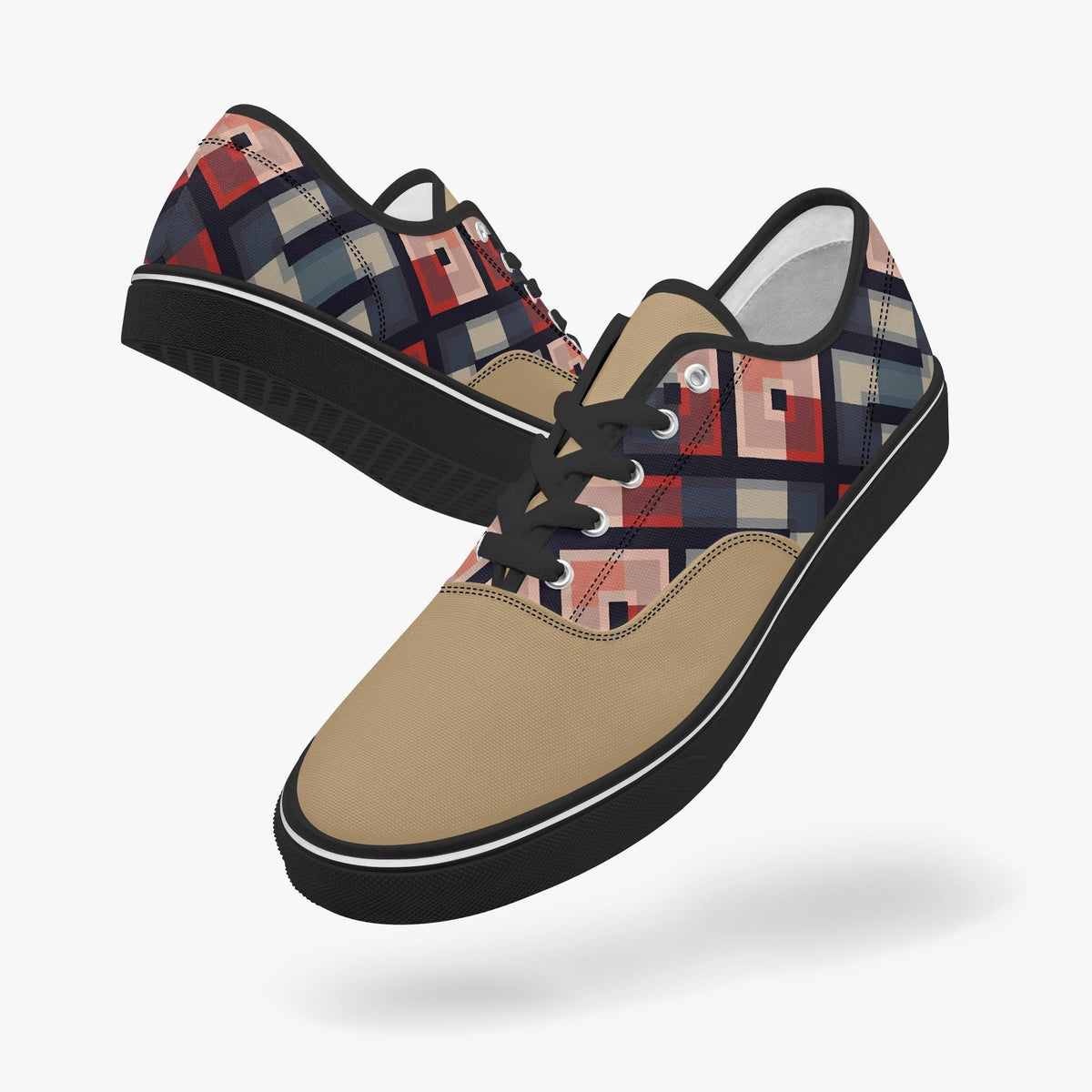 A pair of colorful patterned sneakers with a geometric design.