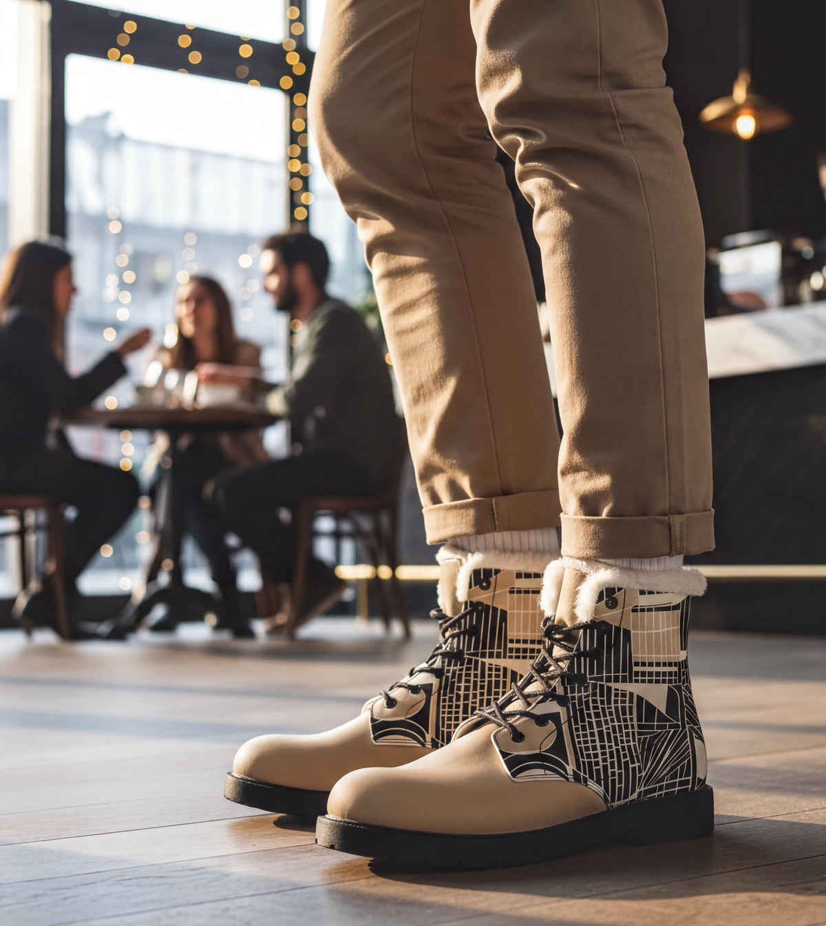 A person wearing tan pants and white boots stands in a room with other people seated at a table in the background.