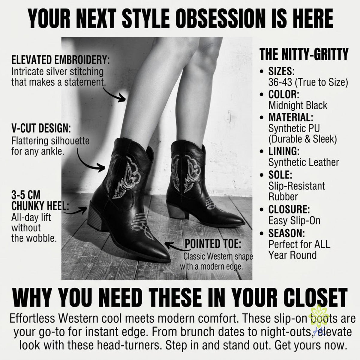 Promotional graphic for western-style slip-on boots with a black-and-white photo of legs wearing the boots, surrounded by marketing text describing features like raised embroidery, V-cut design, chunky heel, pointed toe, and material details.