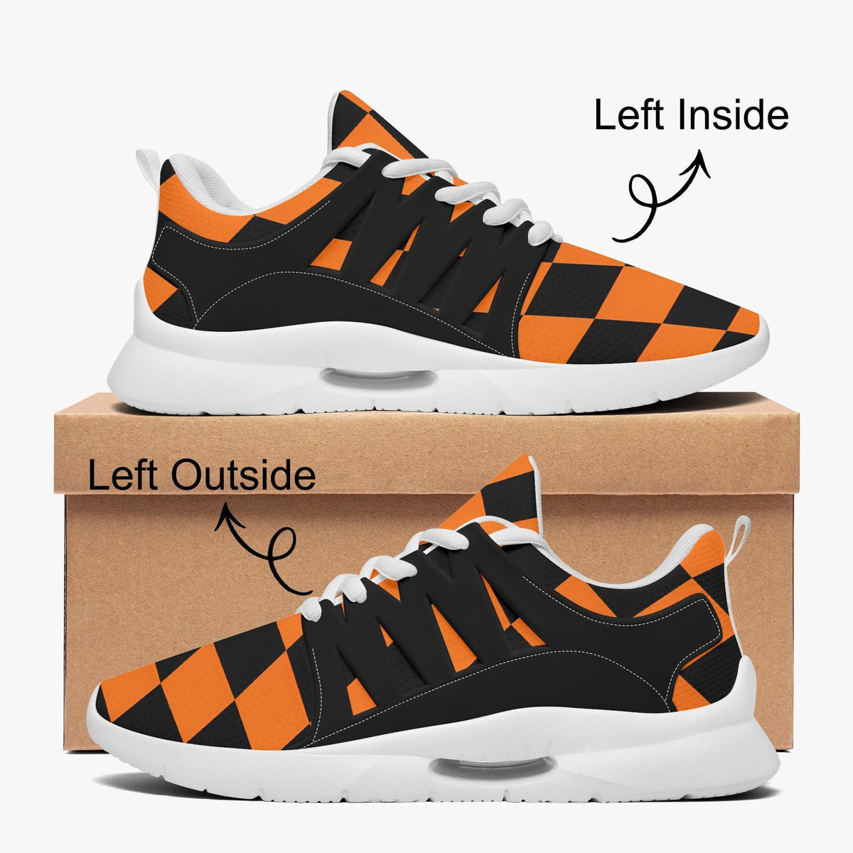 a pair of orange and black checkered sneakers, with one shoe positioned on top of a cardboard box and the other shoe placed on the ground.