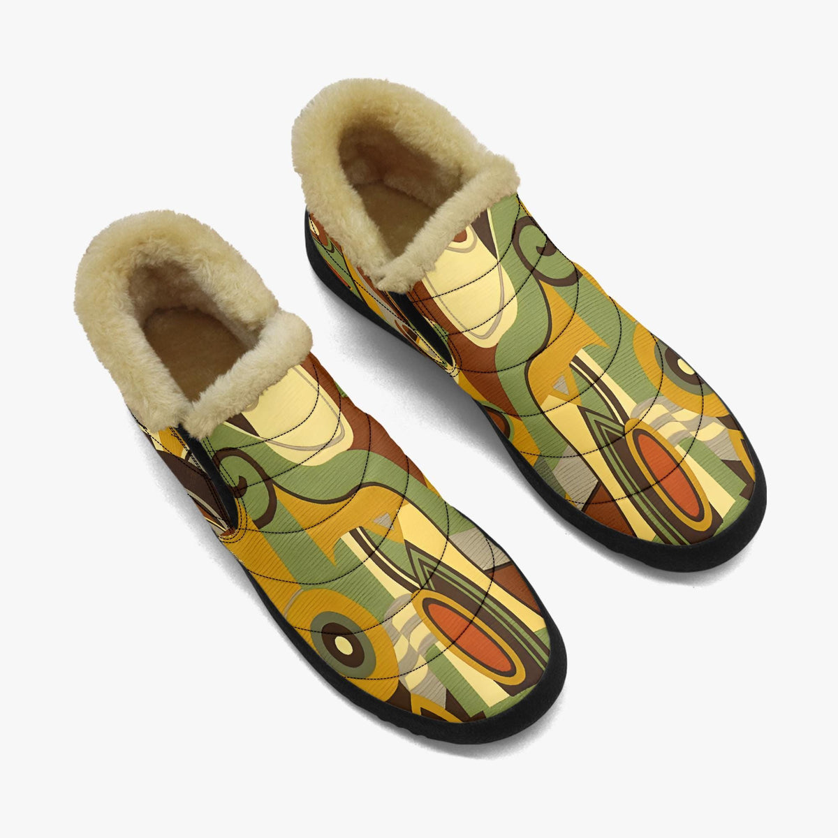 A pair of colorful, patterned, and textured shoes with fur trim, featuring abstract designs in various colors.