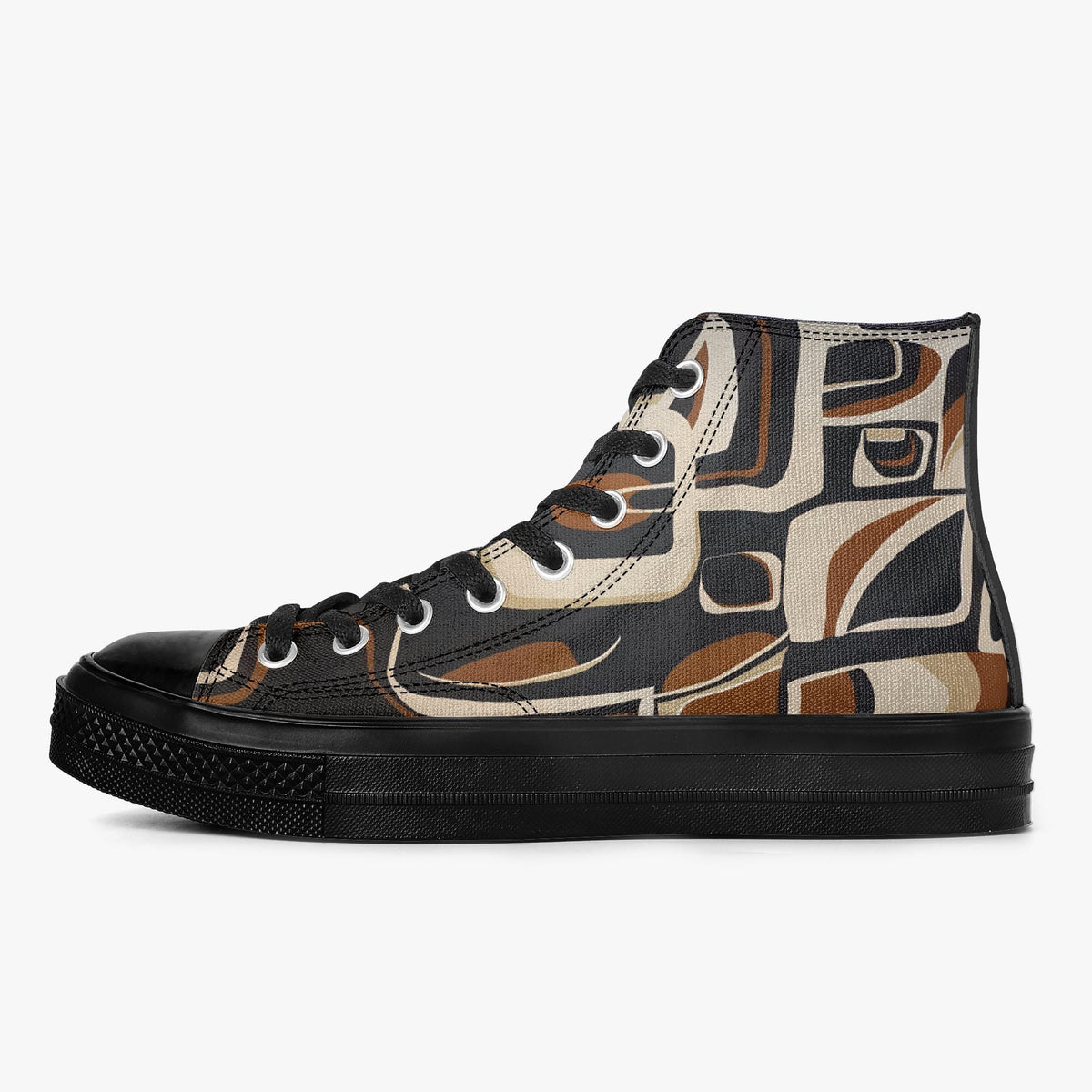 A black and brown high-top sneaker with a geometric pattern on the side.