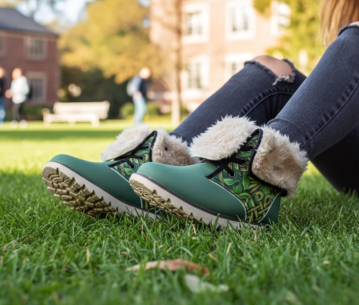 A person is sitting on the grass wearing green and white boots with fur trim.