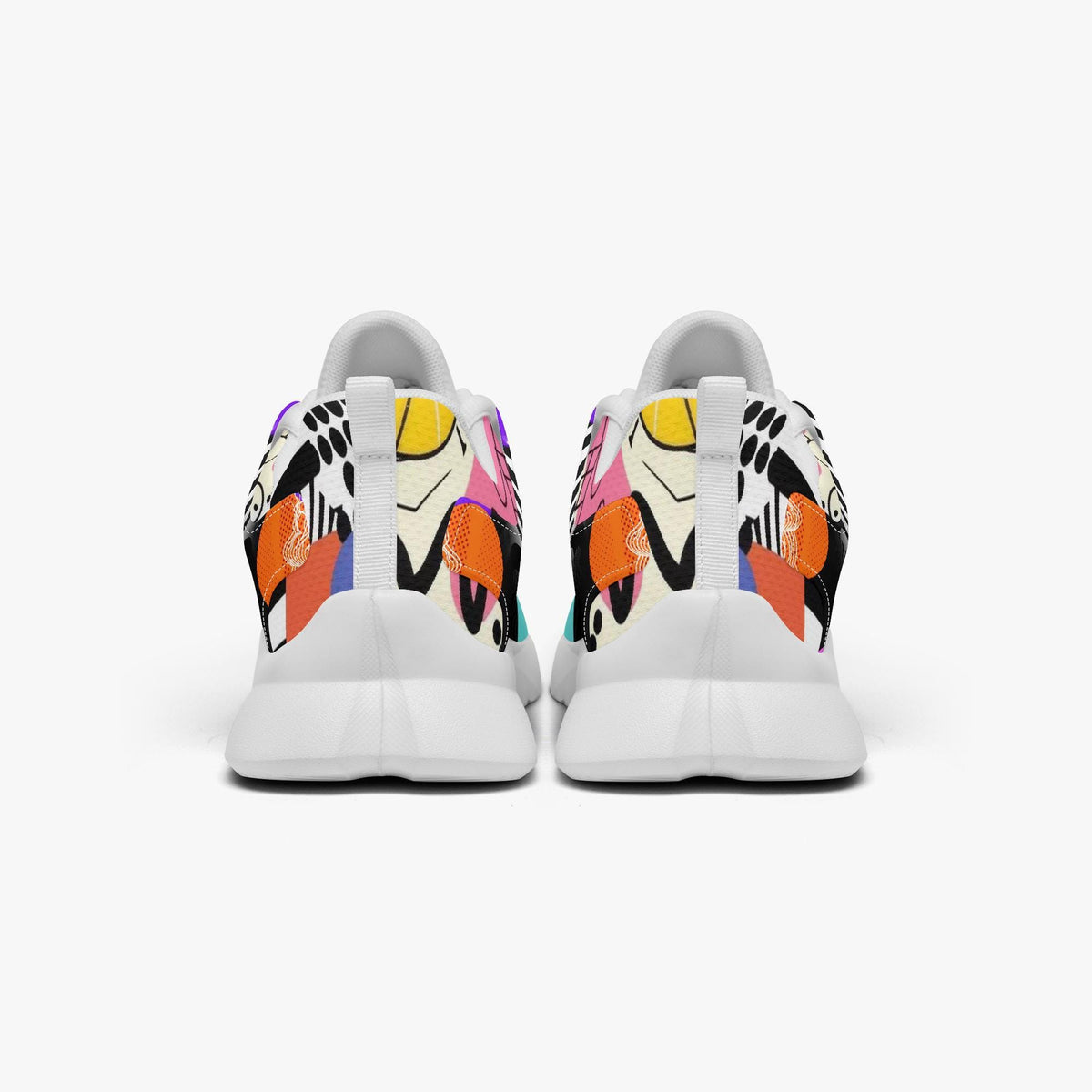 A pair of white sneakers with colorful, abstract patterns on the back.