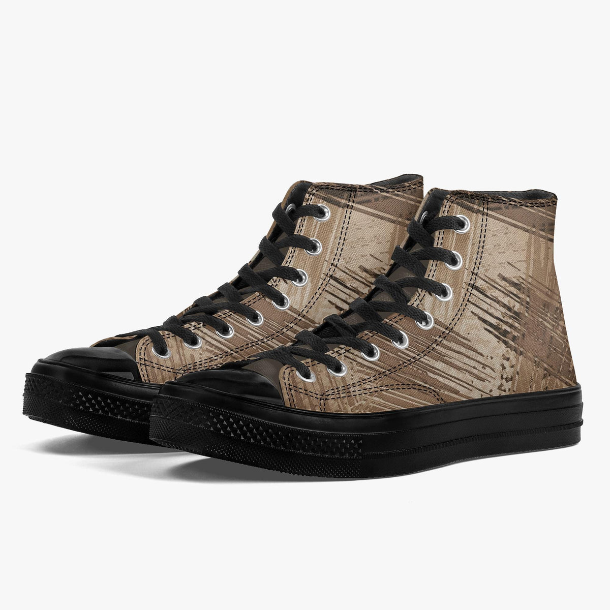 A pair of black and brown high-top sneakers with a textured pattern on the side.