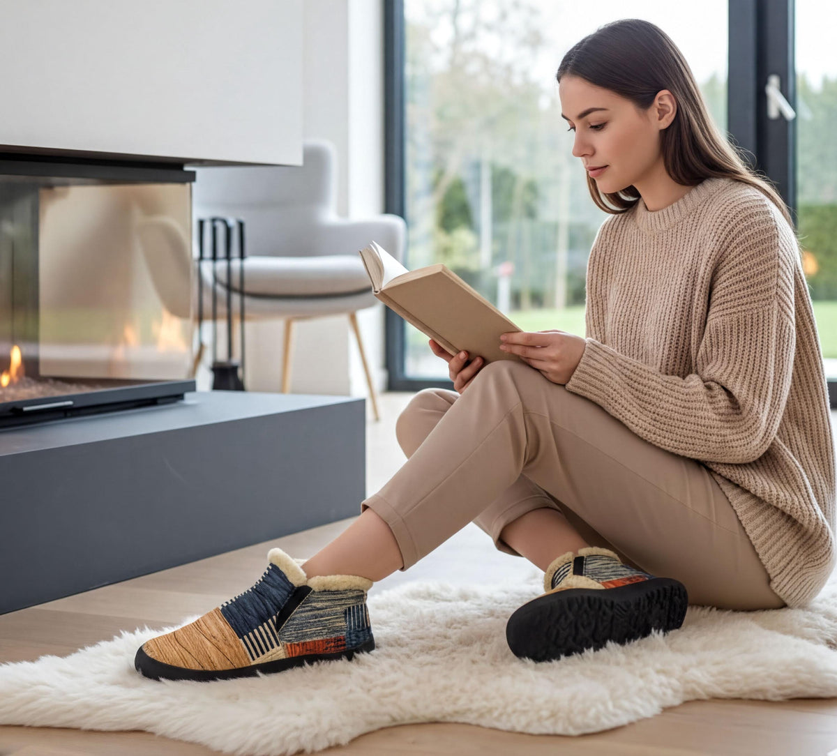 A woman sits on the floor, reading a book near a fireplace, wearing a beige sweater and colorful shoes.