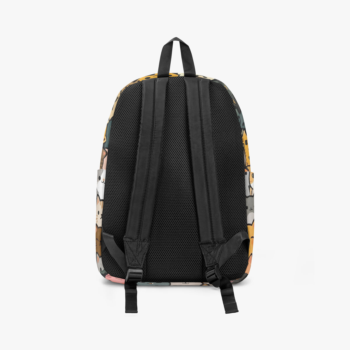Front view of cat print backpack on a white background