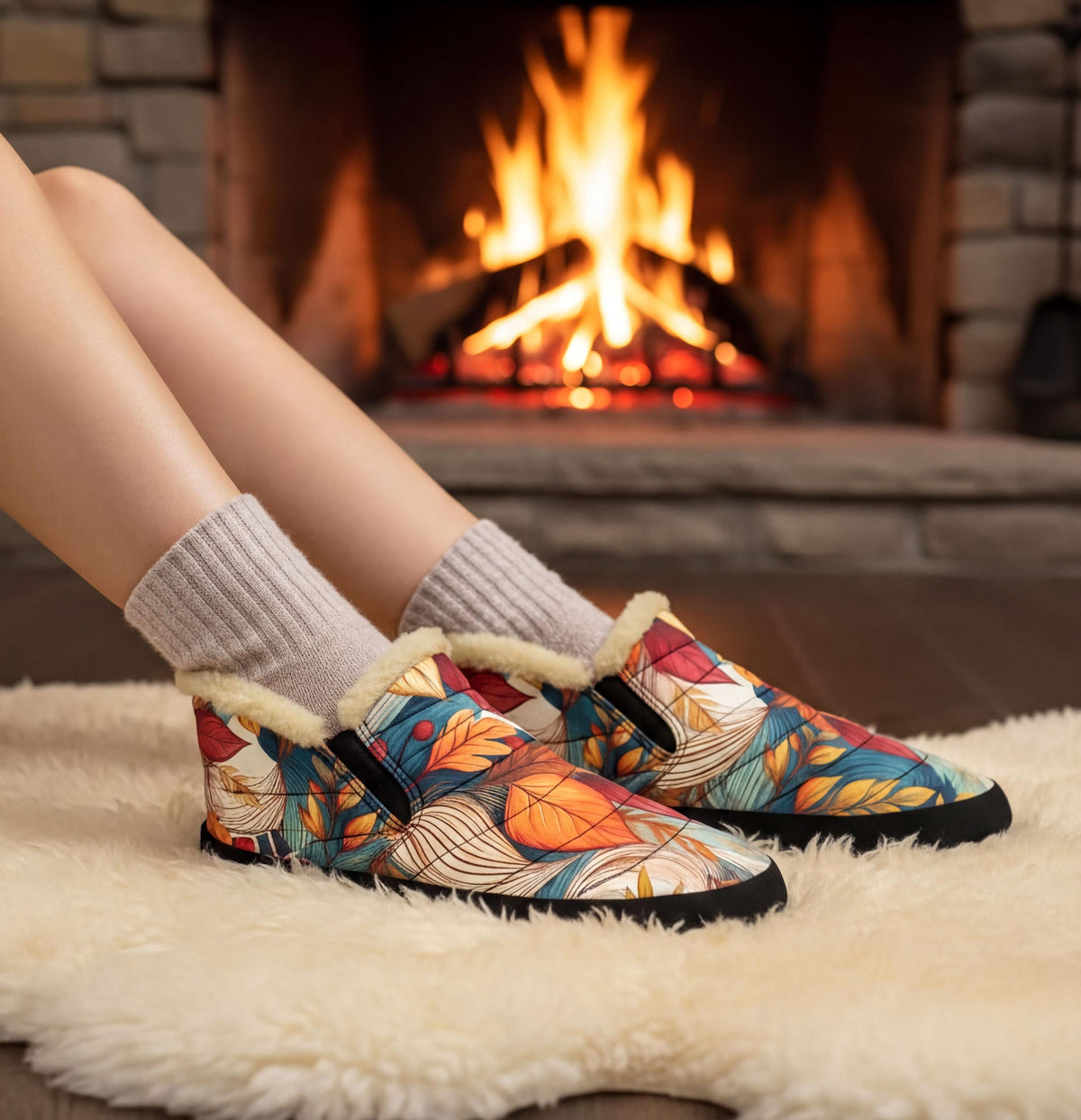 A pair of colorful, patterned slippers with fur trim, placed on a white rug in front of a warm, crackling fireplace.