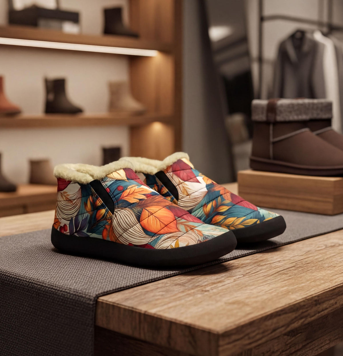 A pair of colorful, patterned slippers with fur trim, displayed on a wooden table in a retail setting.