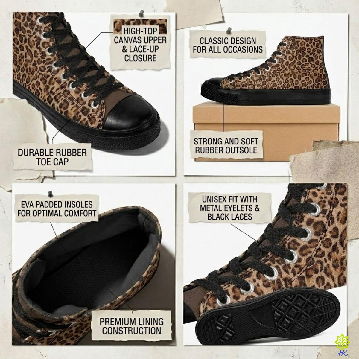 Leopard Print High Top Canvas Sneakers with Black Rubber Sole