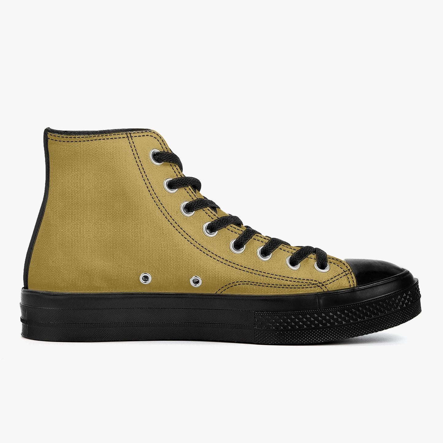 A yellow and black high-top sneaker with black laces and a black sole.