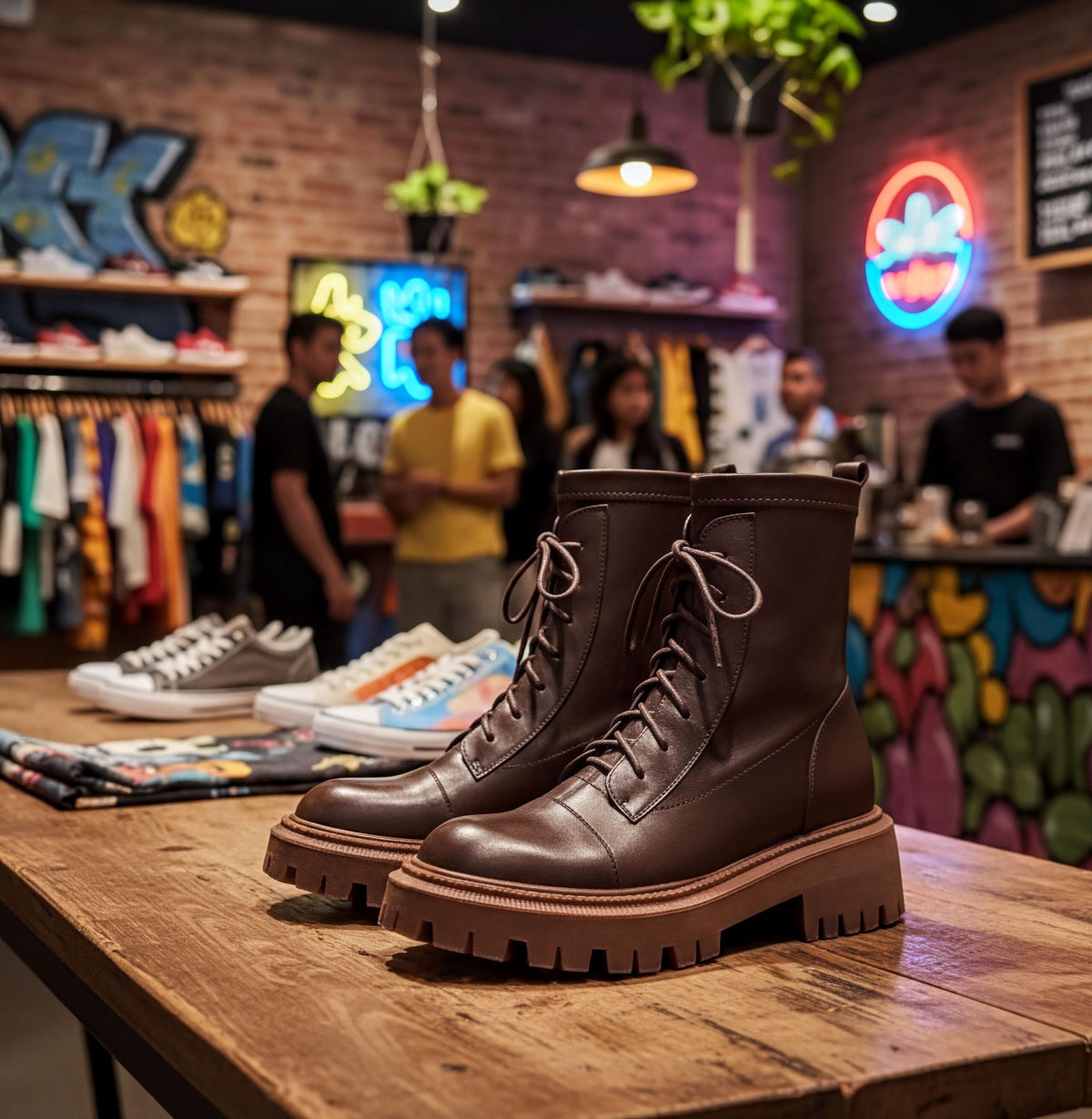 A pair of brown leather boots is displayed on a wooden table in a store, with various clothing items and neon signs visible in the background.