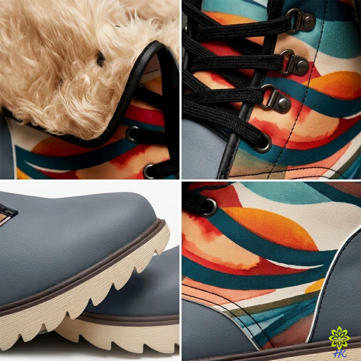 Detailcollage van de furen schacht, zwarte oogjes, loopzool met profiel en bedrukt bovenwerk