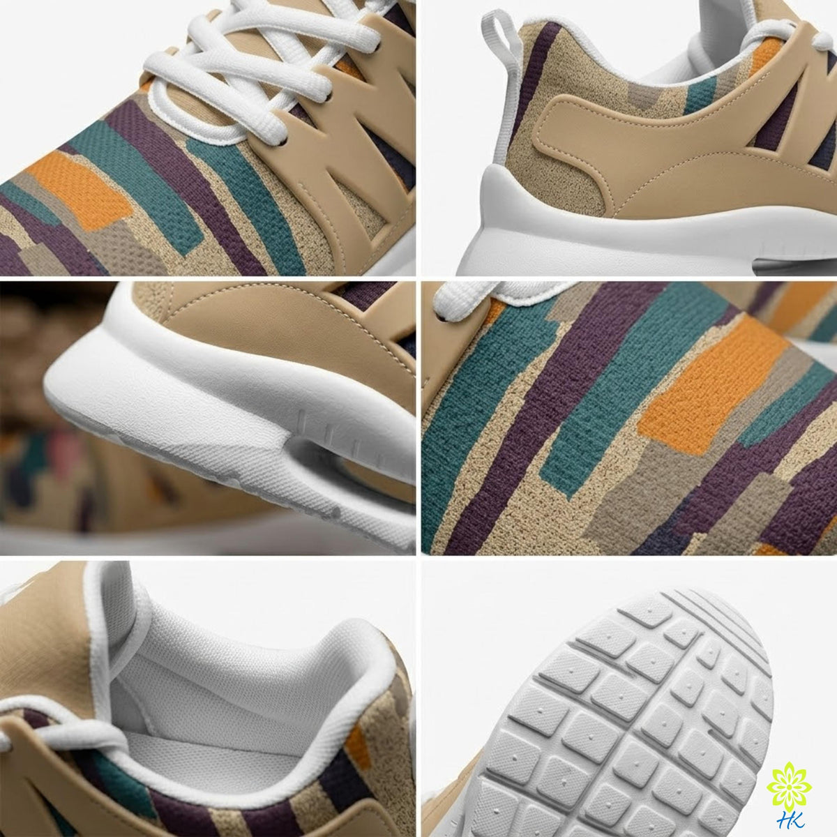 A collage of six close-up photos of a colorful, patterned sneaker with a beige and multicolored design.