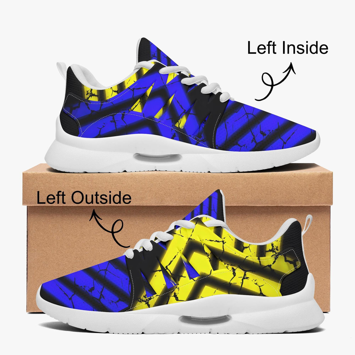 a pair of colorful sneakers with a bold, abstract design in blue, yellow, and black. The sneakers are placed on top of a cardboard box, and there are annotations indicating the left side and the left side of the sneakers.