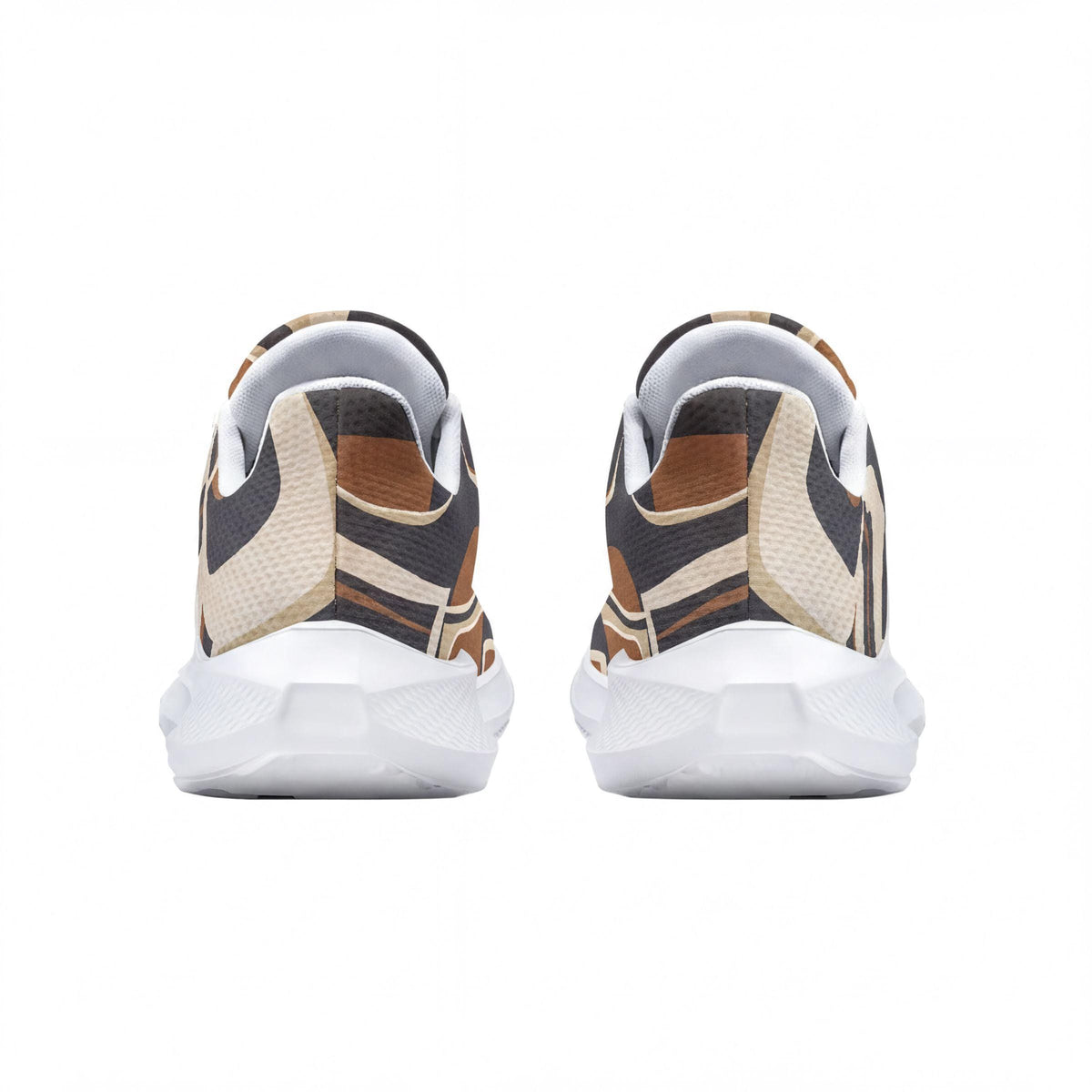 A pair of colorful sneakers with a patterned design.