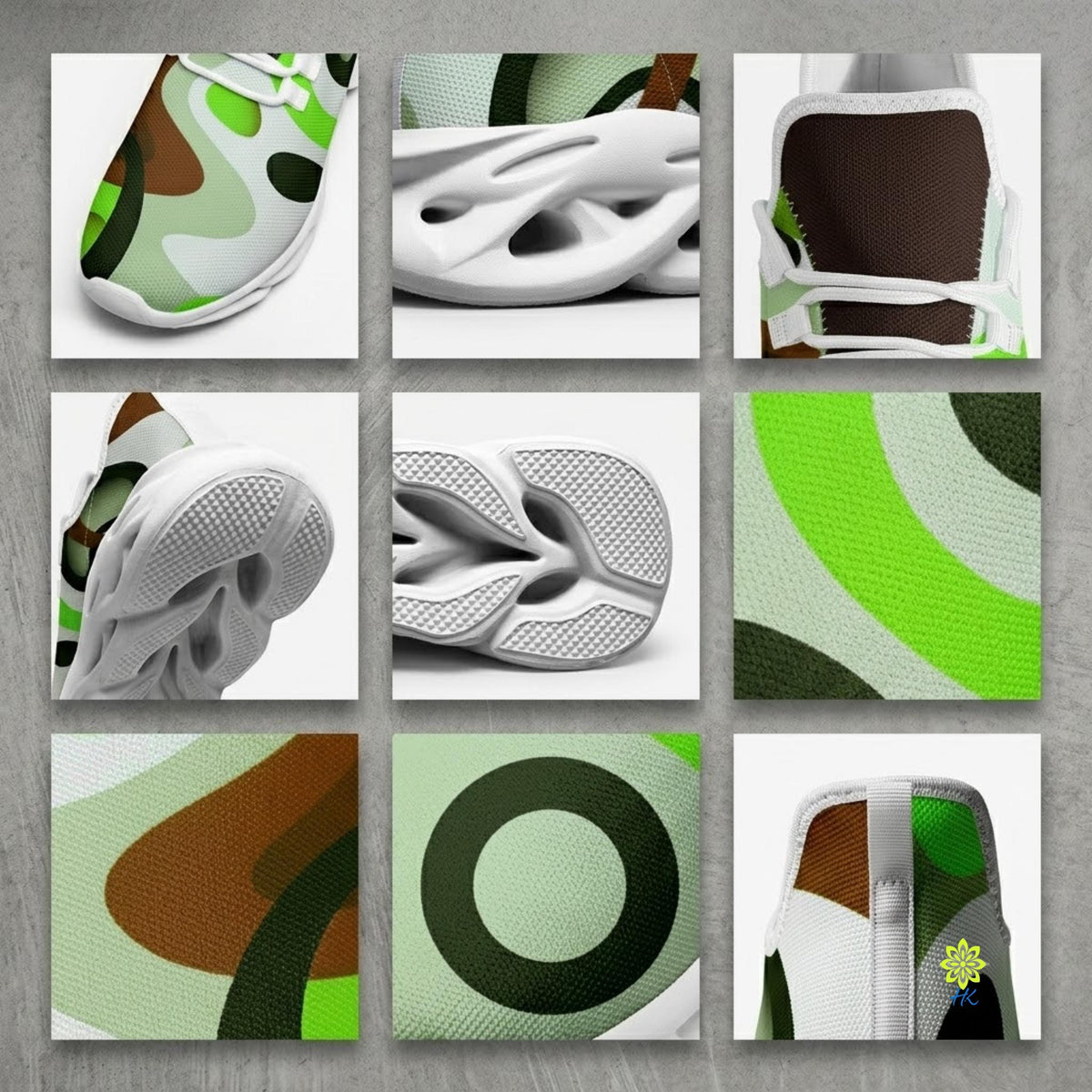 The image is a collage of nine different photographs of sneakers, showcasing various colors, patterns, and textures.