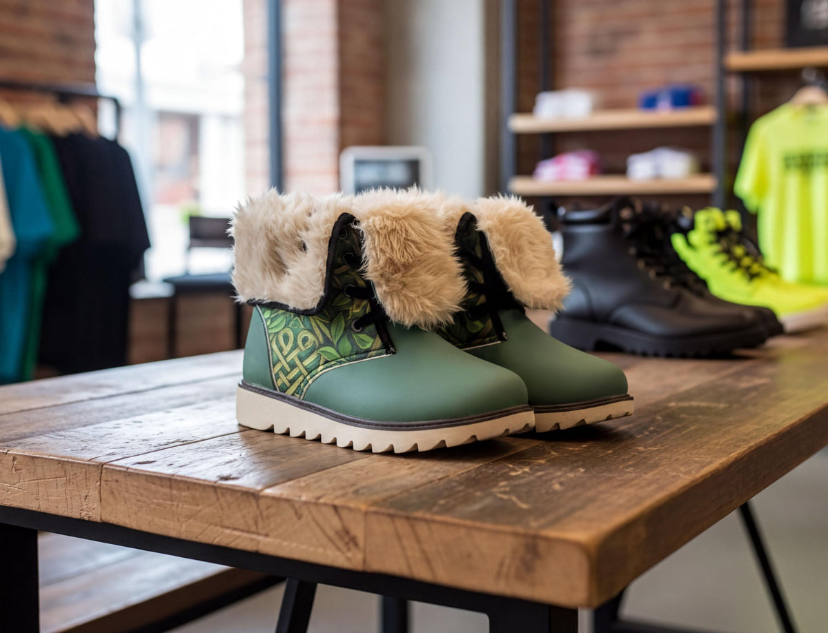 A pair of green rubber boots with fur trim, displayed on a wooden table in a clothing store.
