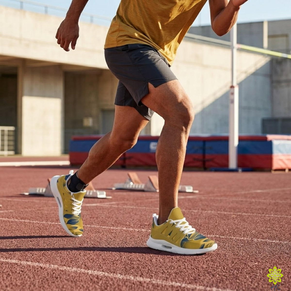 A person wearing yellow and black athletic shoes is running on a red track, with a building and a pole in the background.