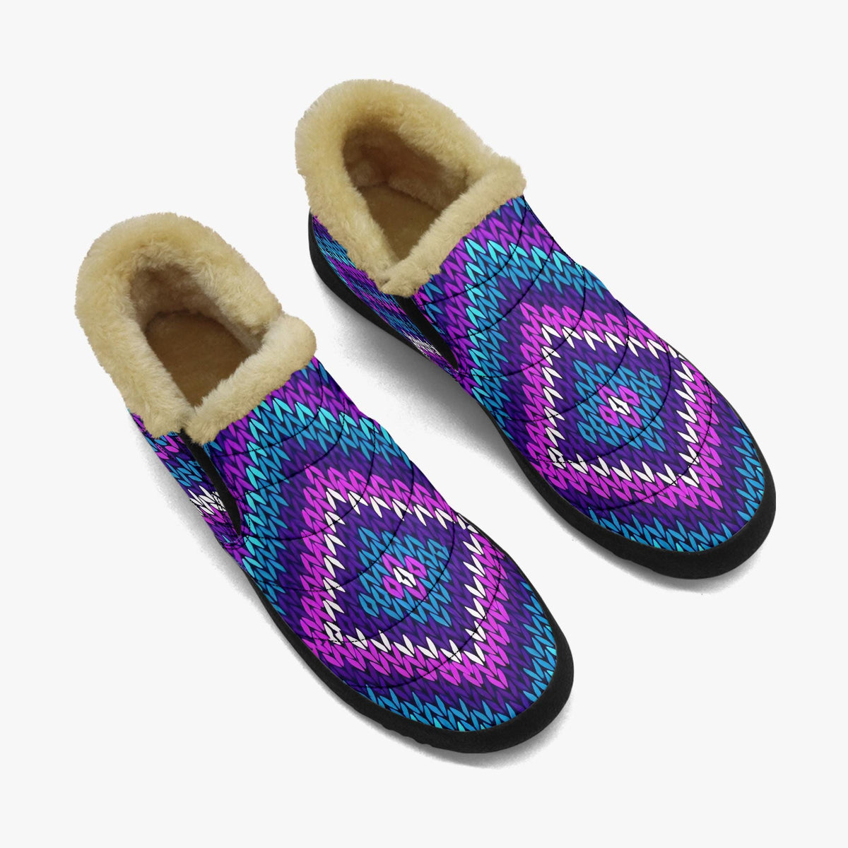 A pair of colorful, patterned boots with fur lining, featuring a vibrant design in shades of purple, blue, and white.