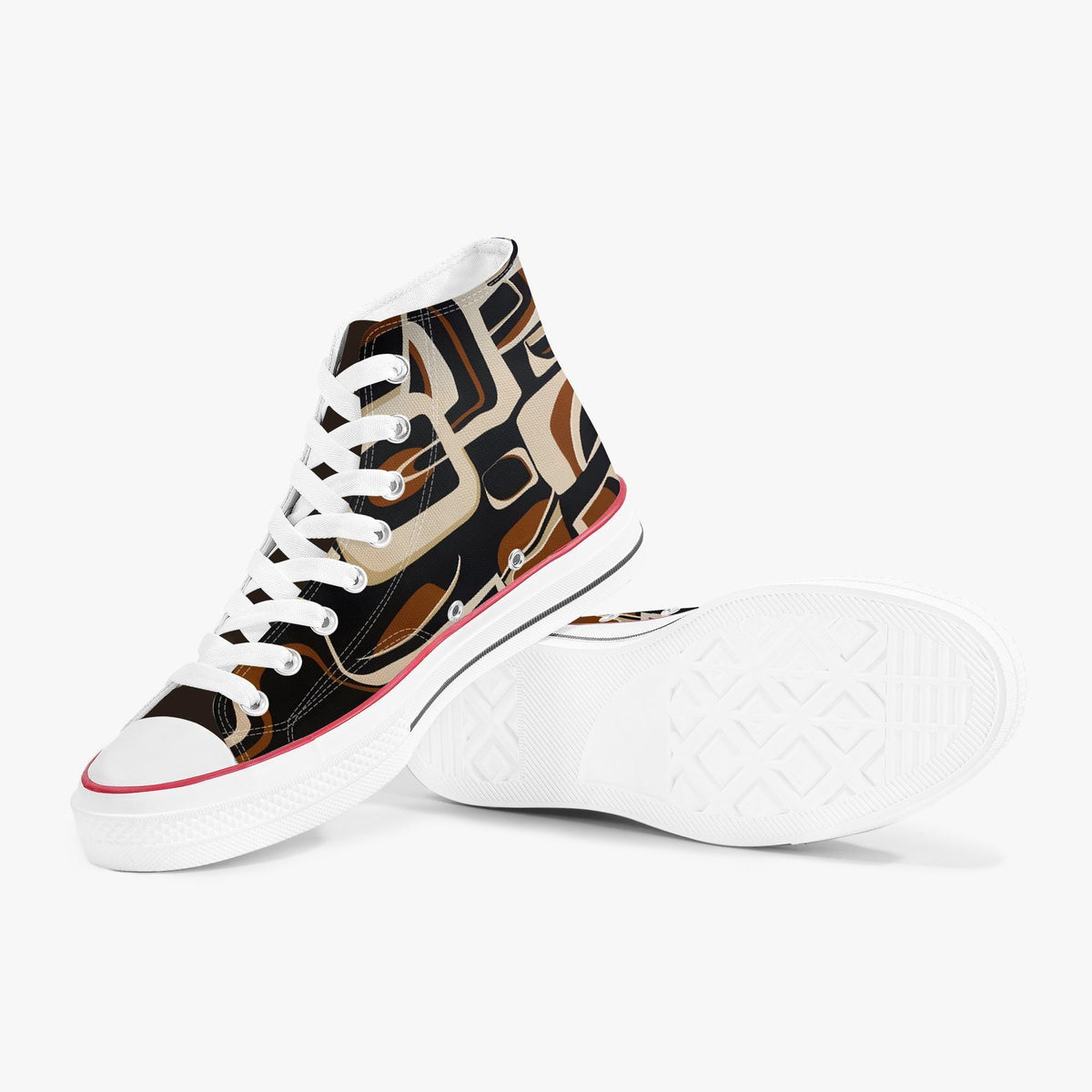 A pair of high-top sneakers with a bold, abstract pattern in shades of brown, black, and white.