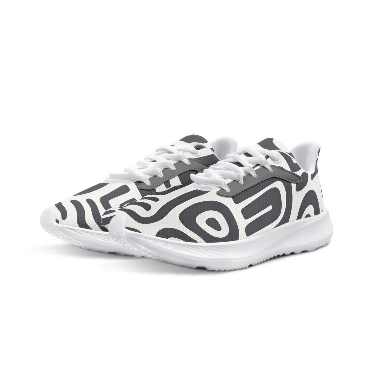 A pair of white and black patterned sneakers with a distinctive design.