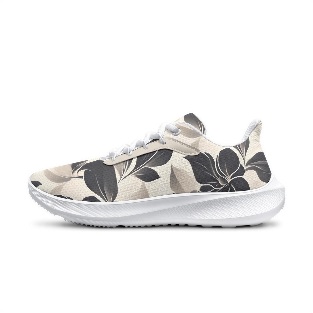 A pair of white sneakers with a floral print pattern on the side.