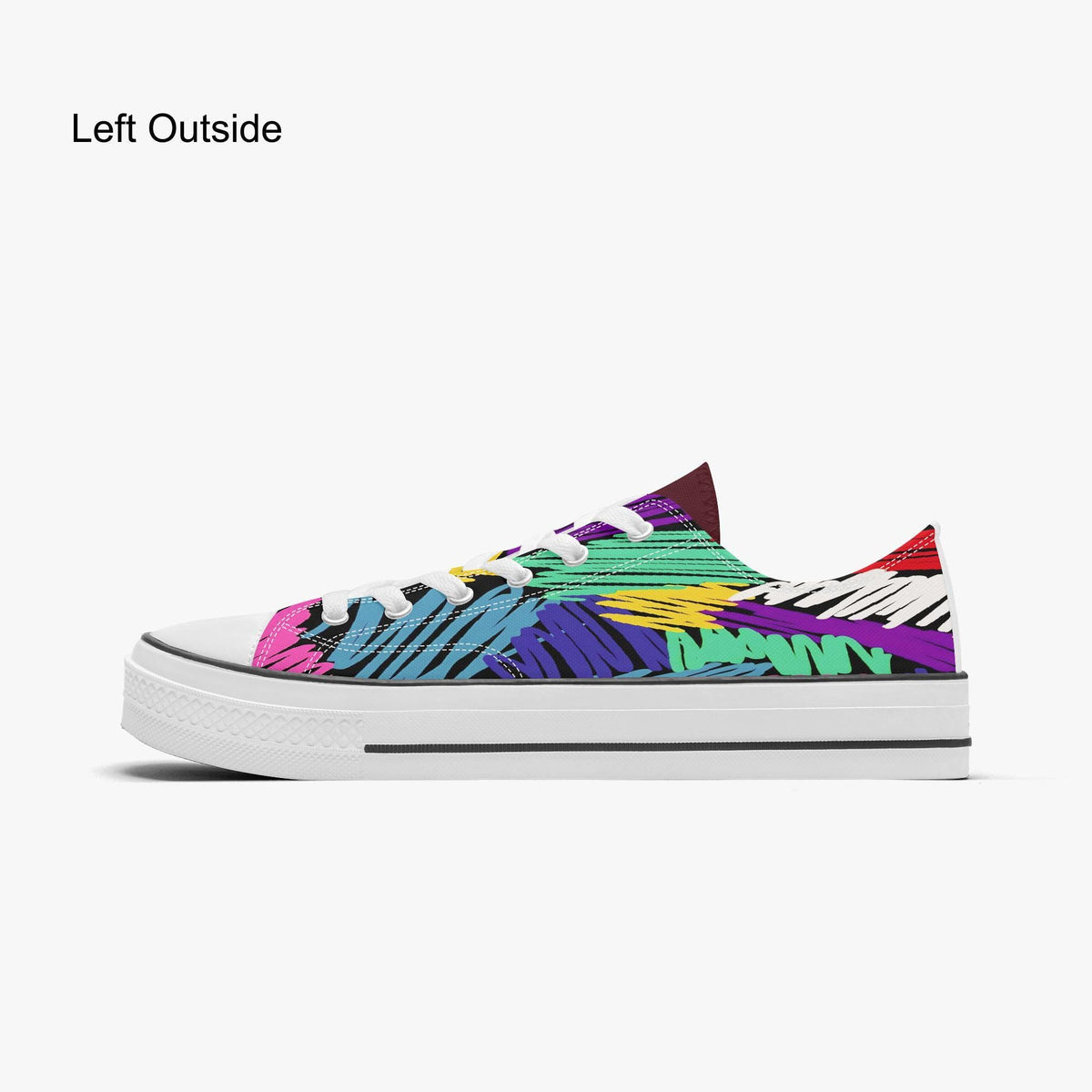 A colorful, patterned sneaker with a vibrant design on the side.