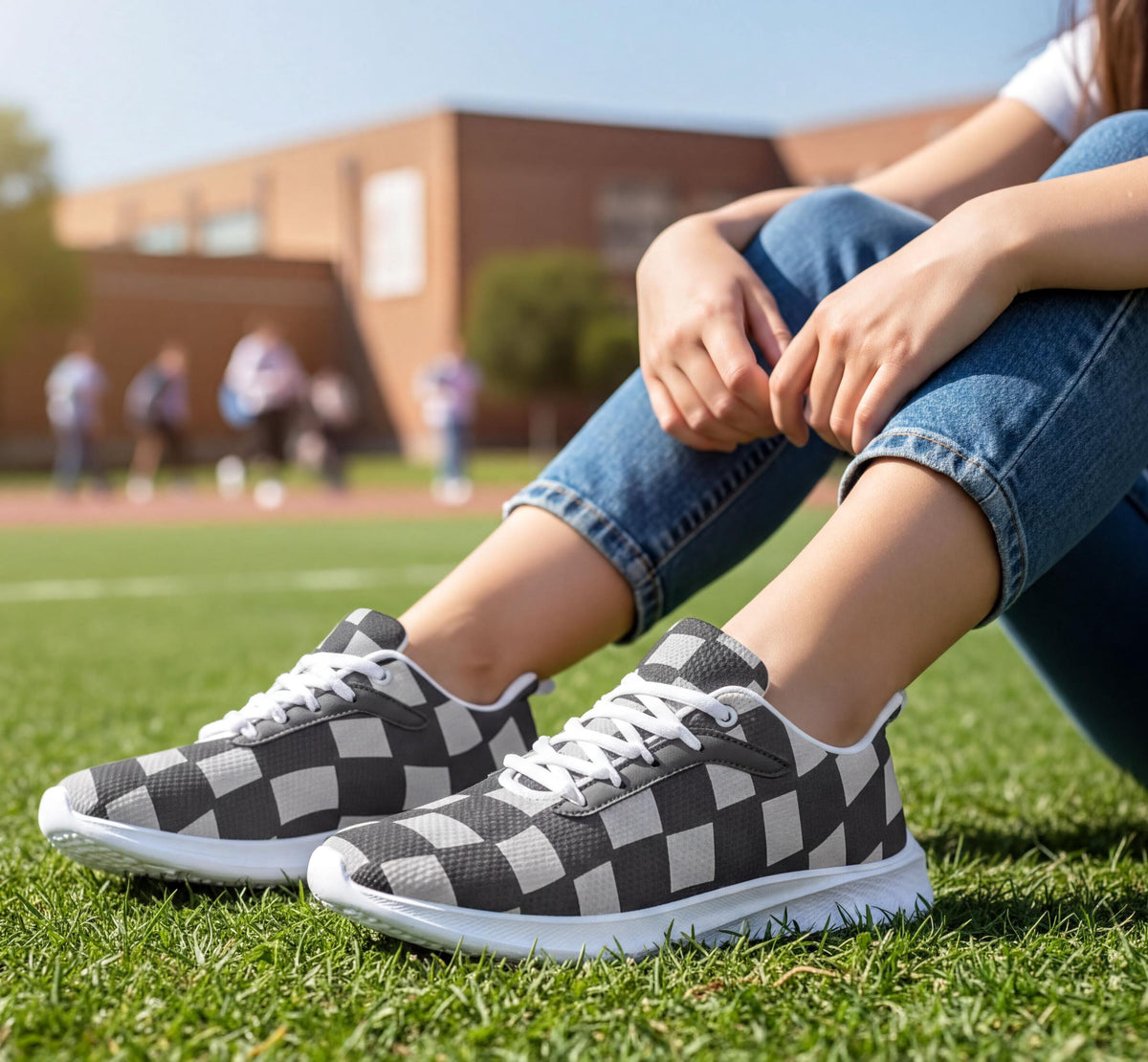 A person sitting on the grass wearing checkered sneakers.