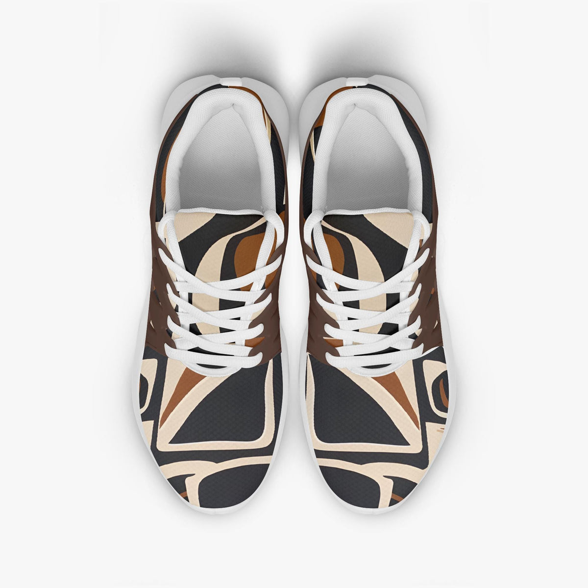 A pair of white sneakers with a colorful abstract pattern on the side.