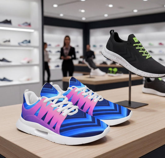 A pair of colorful sneakers on display in a store, with other shoes visible in the background.