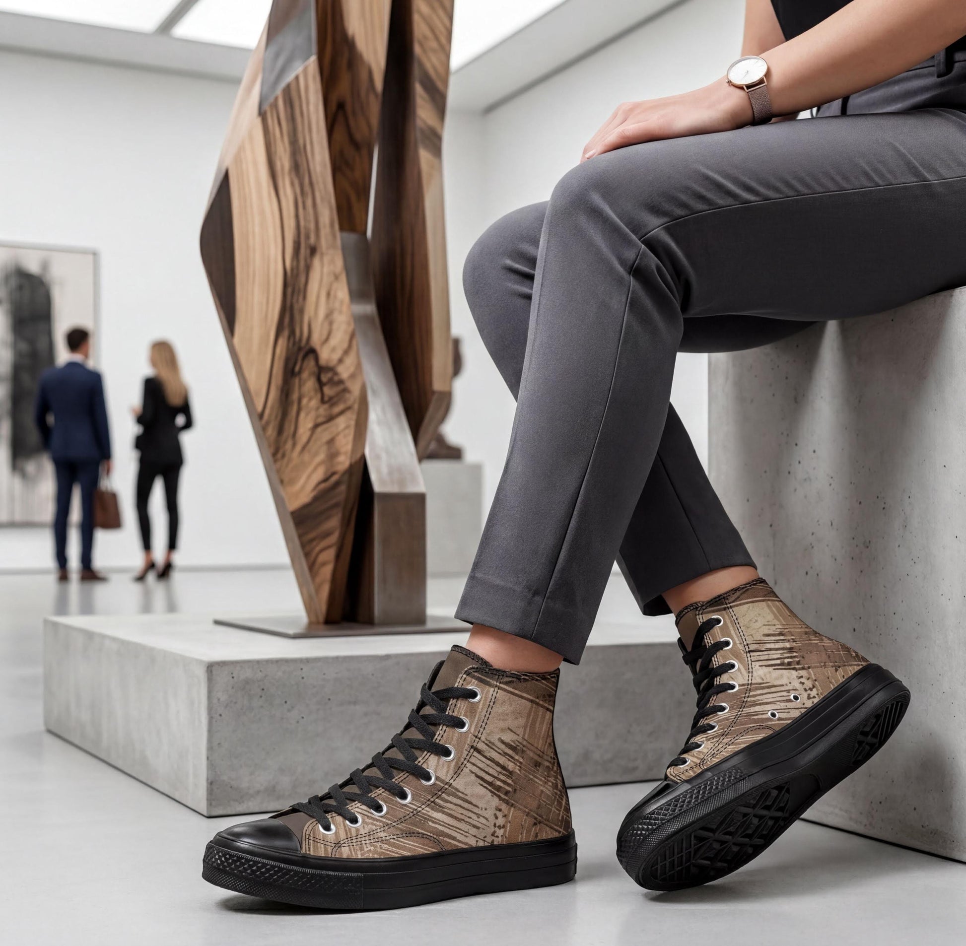 A person is sitting on a pedestal in an art gallery, wearing high-top sneakers and gray pants.