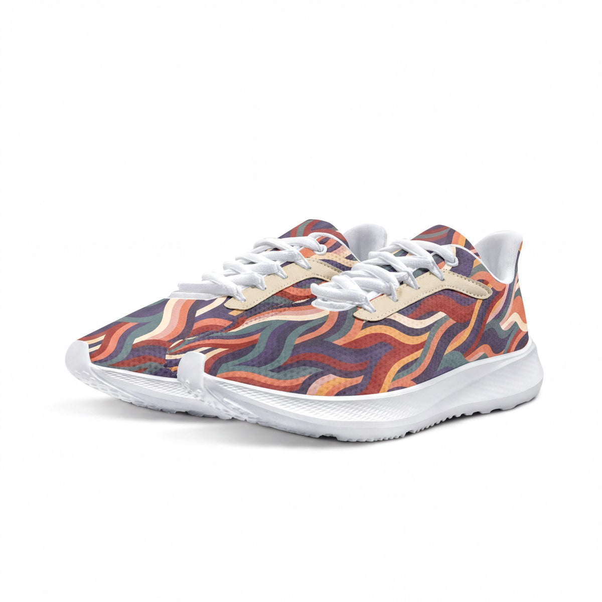 A pair of colorful, patterned sneakers with a vibrant design.