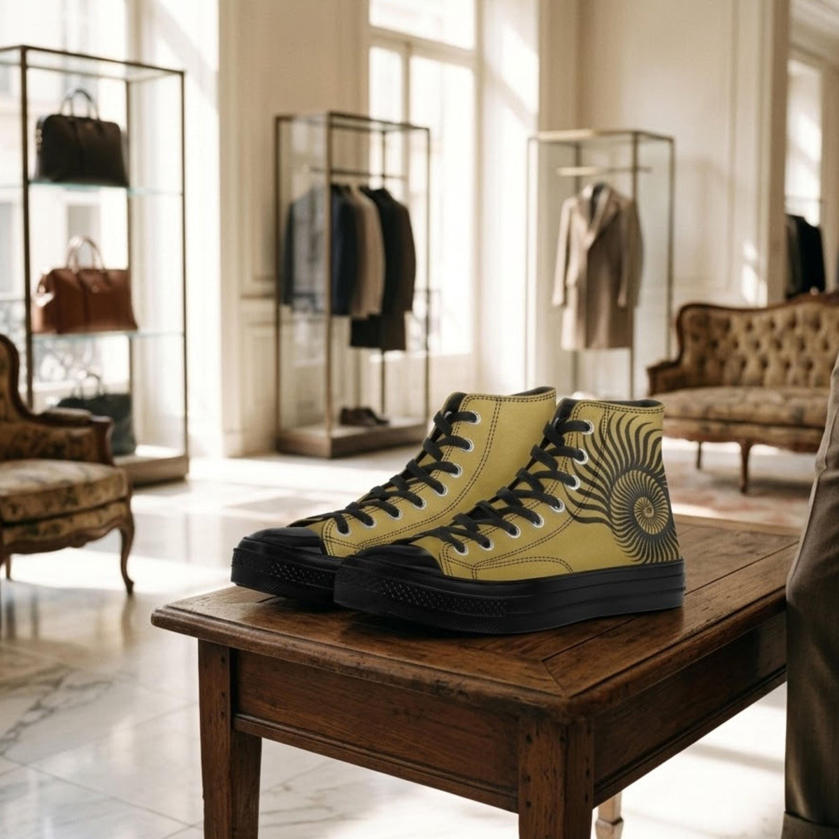 A pair of yellow and black high-top sneakers with a spiral design on the side, displayed on a wooden table in a clothing store.