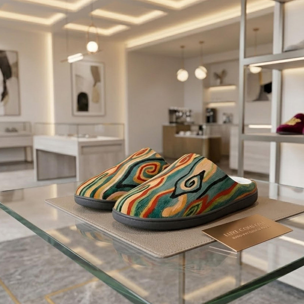 A pair of colorful, patterned slippers displayed on a glass table in a modern, minimalist interior setting.