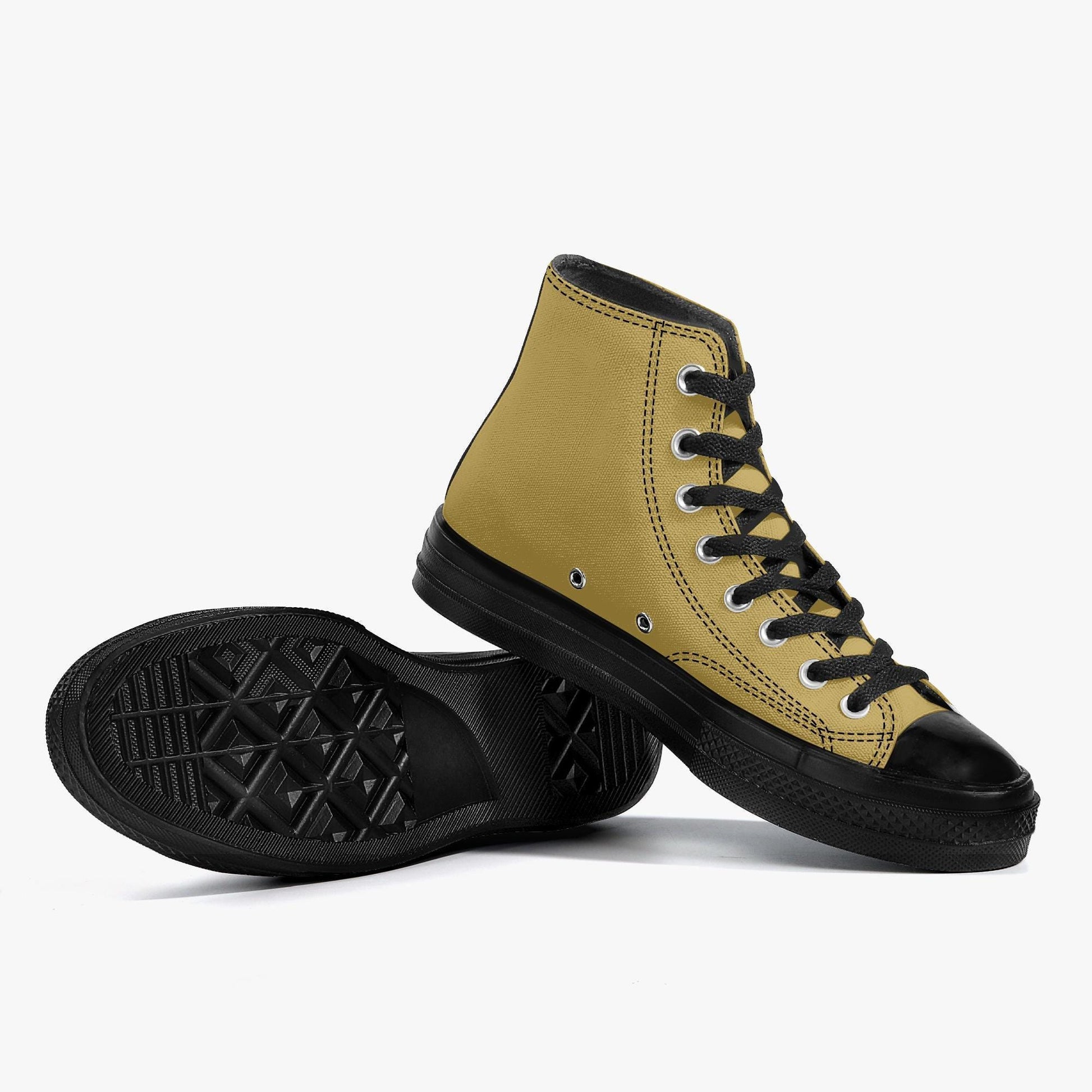 A pair of yellow and black high-top sneakers with black laces and soles.