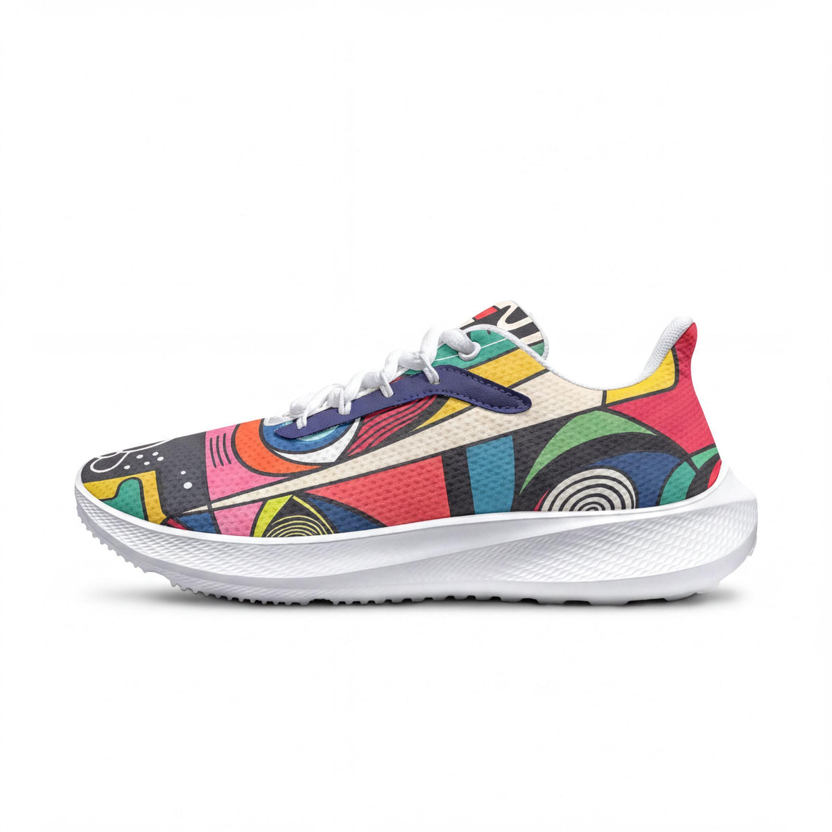 A colorful, abstract-patterned sneaker with a white sole and laces.