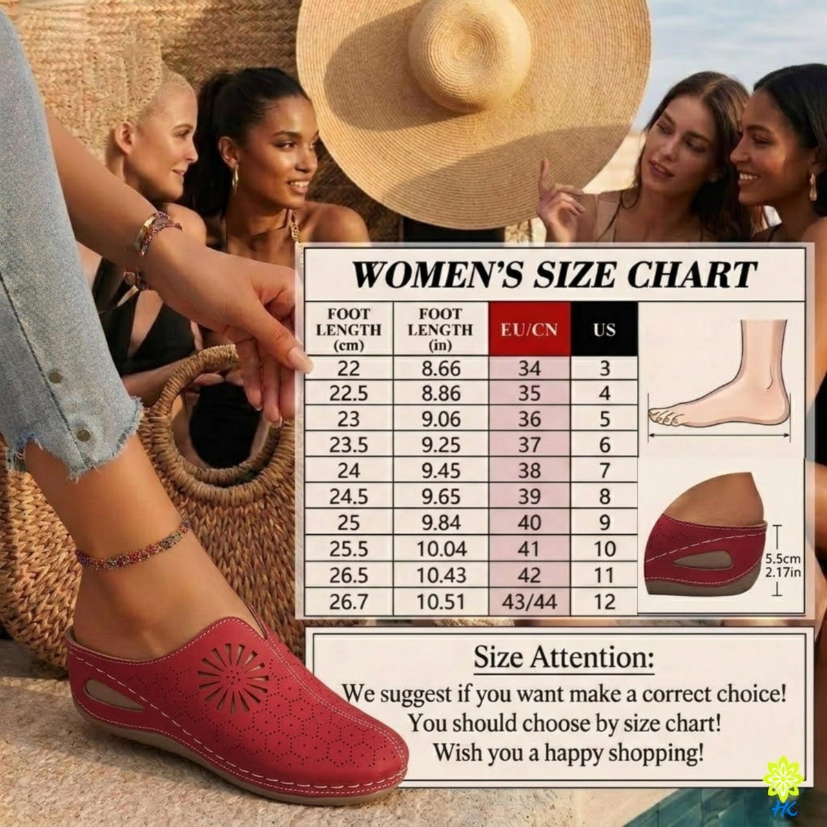 The image is a collage of several photos featuring a group of women wearing different types of shoes, with a focus on a red shoe. The collage includes a foot chart that provides size information for various shoe sizes, as well as a caption suggesting that the viewer should choose the correct size based on the size chart.