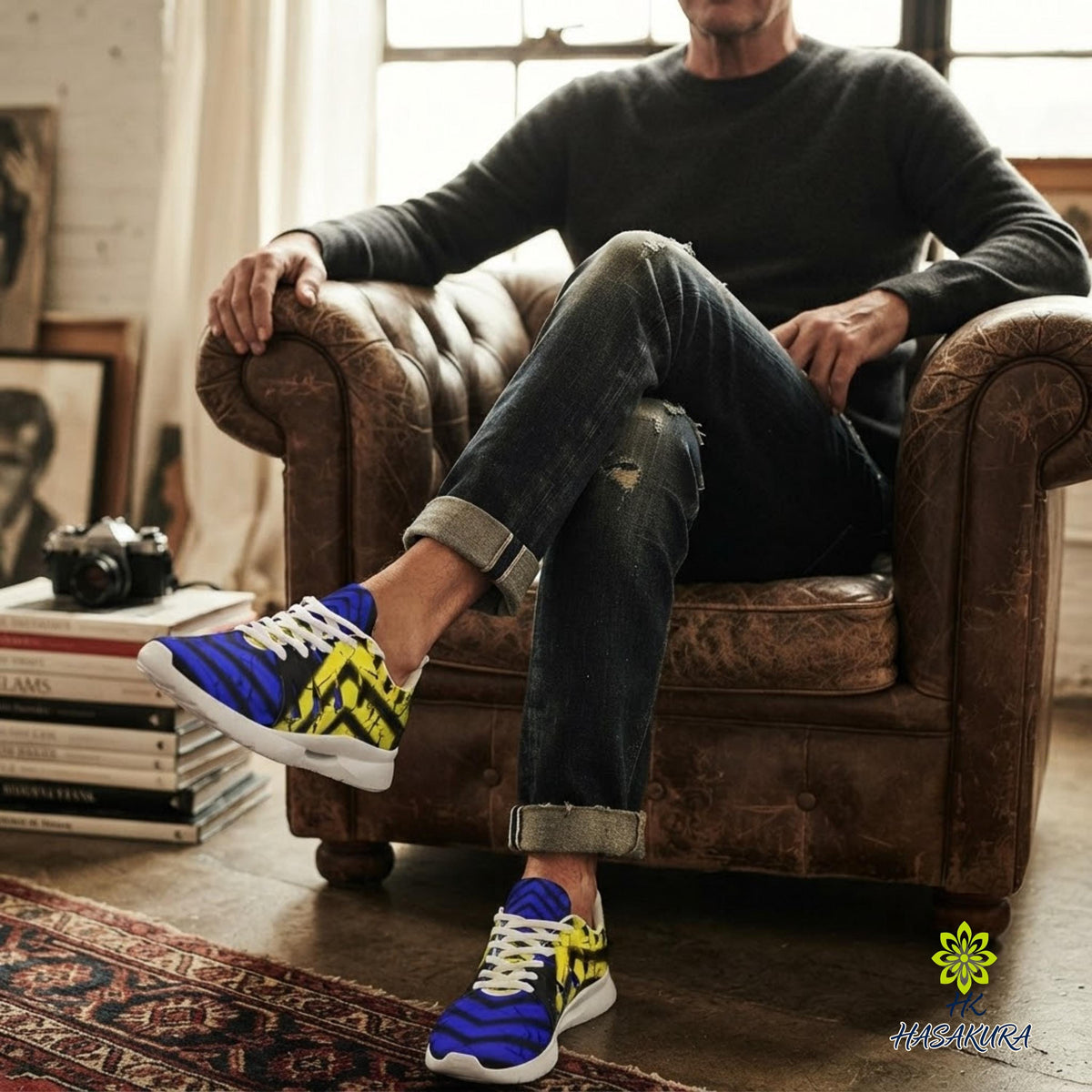 A man is sitting in a brown leather armchair, wearing blue and yellow sneakers, and has a stack of books next to him.