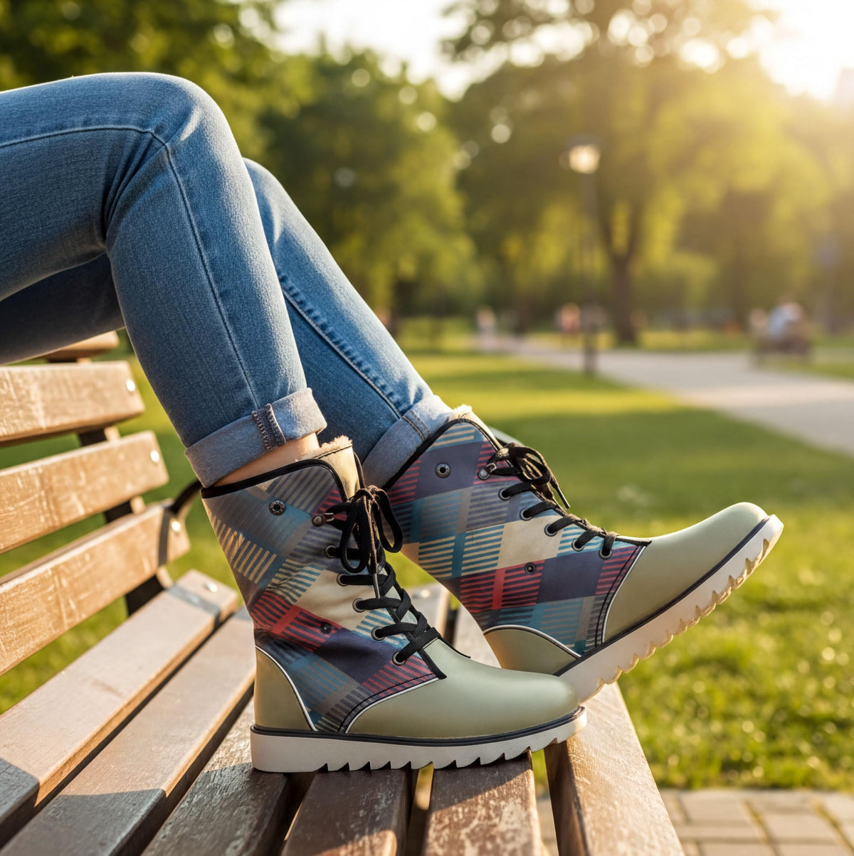 A person's legs wearing colorful patterned boots are resting on a wooden bench in a park, with trees and a path visible in the background.