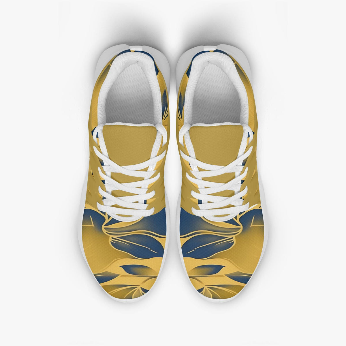 A pair of colorful sneakers with a floral pattern on the upper part.
