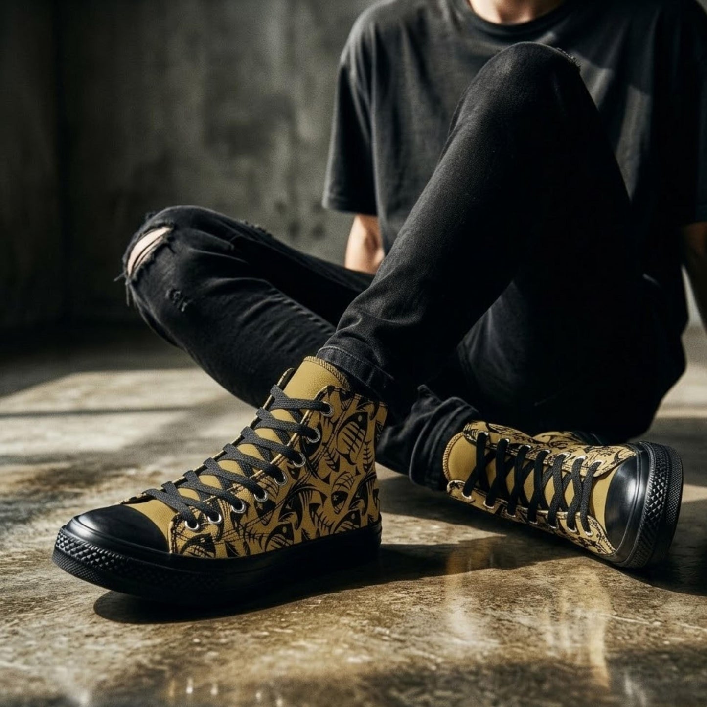 A person wearing black pants and yellow and black patterned sneakers is sitting on the floor.