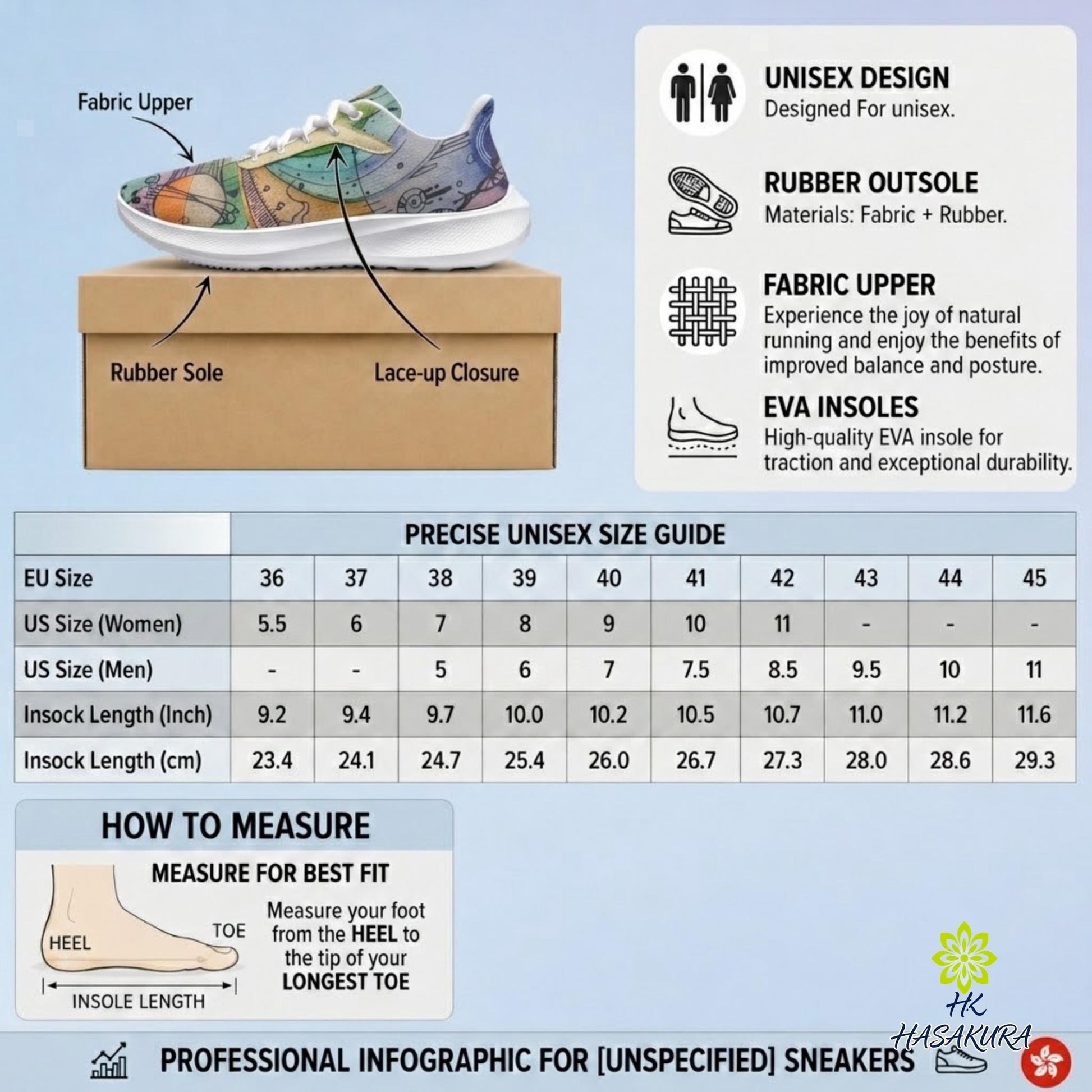 The image is a professional infographic for unspecific sneakers, providing information on the design, materials, and measurements for various shoe models.