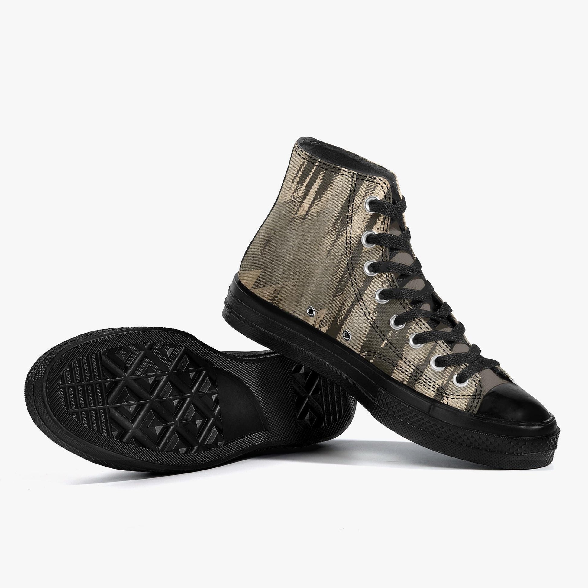 A pair of black and gold high-top sneakers with a distinctive patterned design.