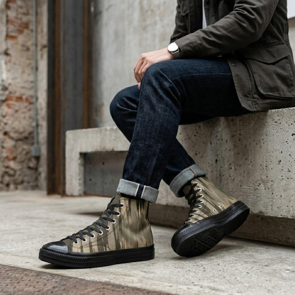 A person is sitting on a concrete ledge, wearing black and gold sneakers and dark jeans.