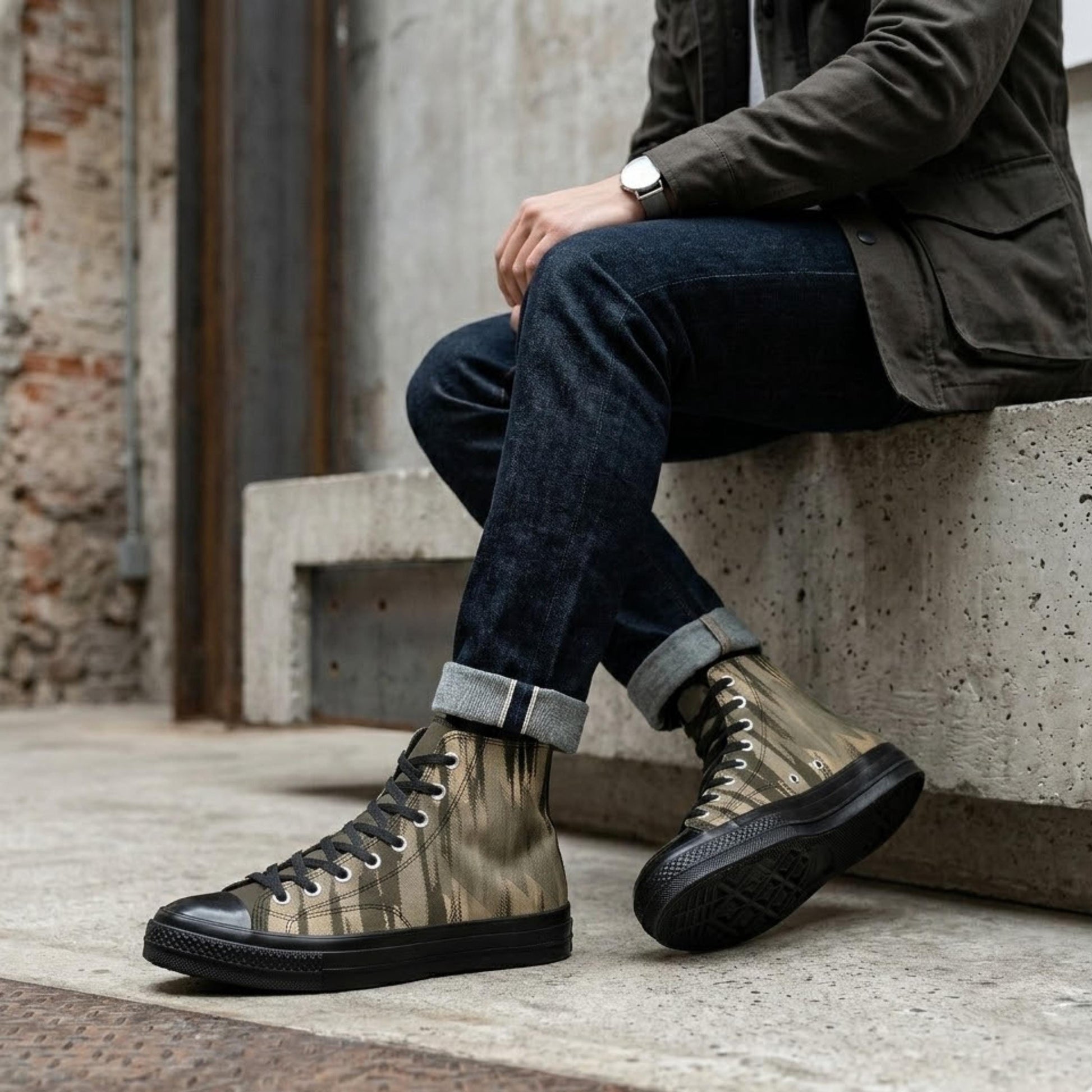 A person is sitting on a concrete ledge, wearing black and gold sneakers and dark jeans.