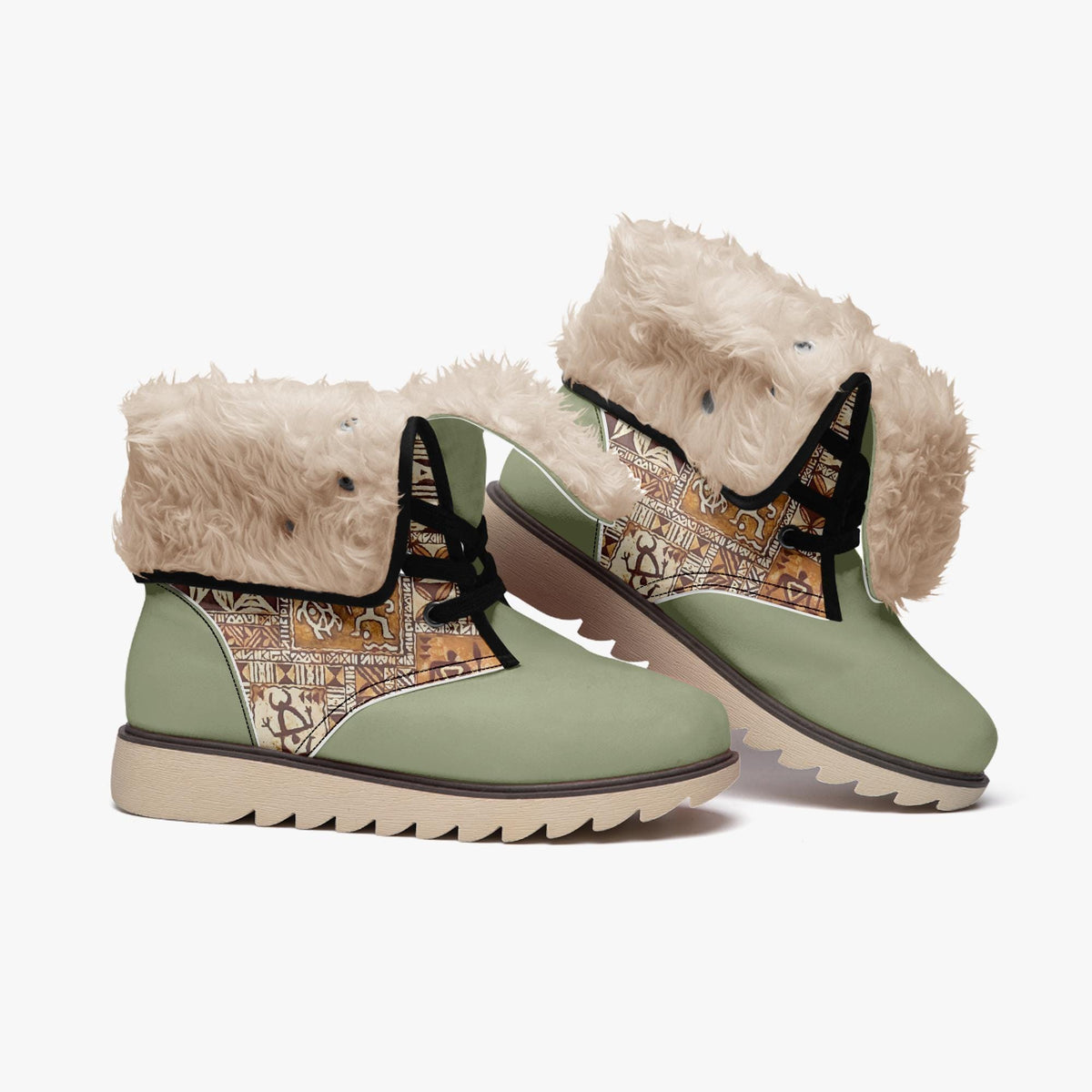 A pair of green and beige boots with fur trim and a patterned design on the side.