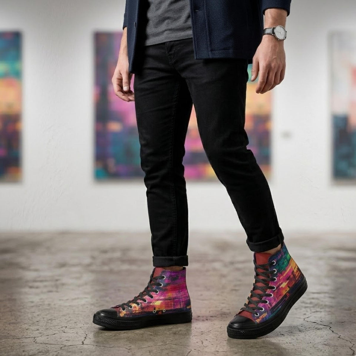 A person wearing black pants and colorful sneakers stands in an art gallery.
