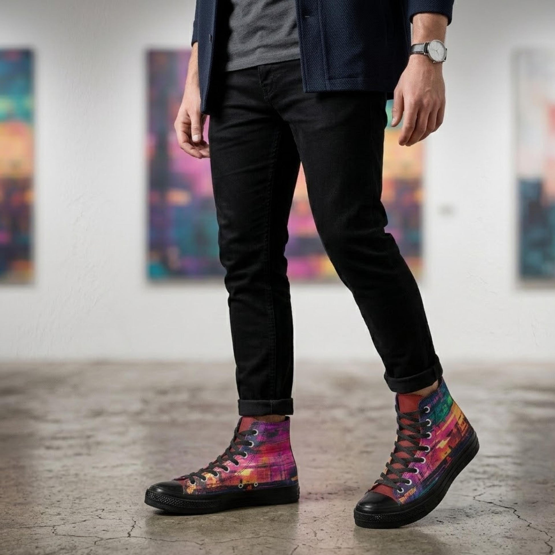 A person wearing black pants and colorful sneakers stands in an art gallery.